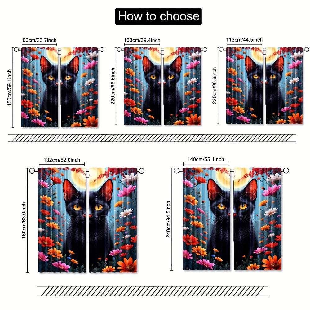 Bright Black Cat Colorful Daisy Flower Blackout Rod Pocket Curtain Sun Blue Background Decor Art Homestay Bedroom Rest Bay