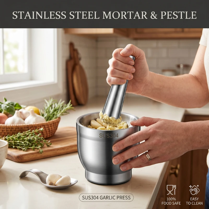 Mortar Pestle Granite - Trituratore d'Aglio Manuale in Acciaio Inox,