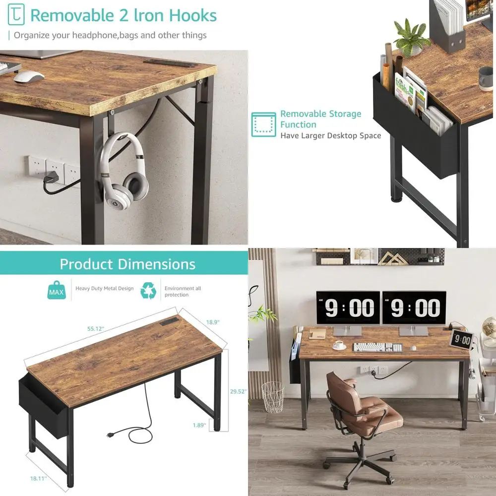 

55 Brown Computer Desk with Built-In Power Outlets for Home Office and Study