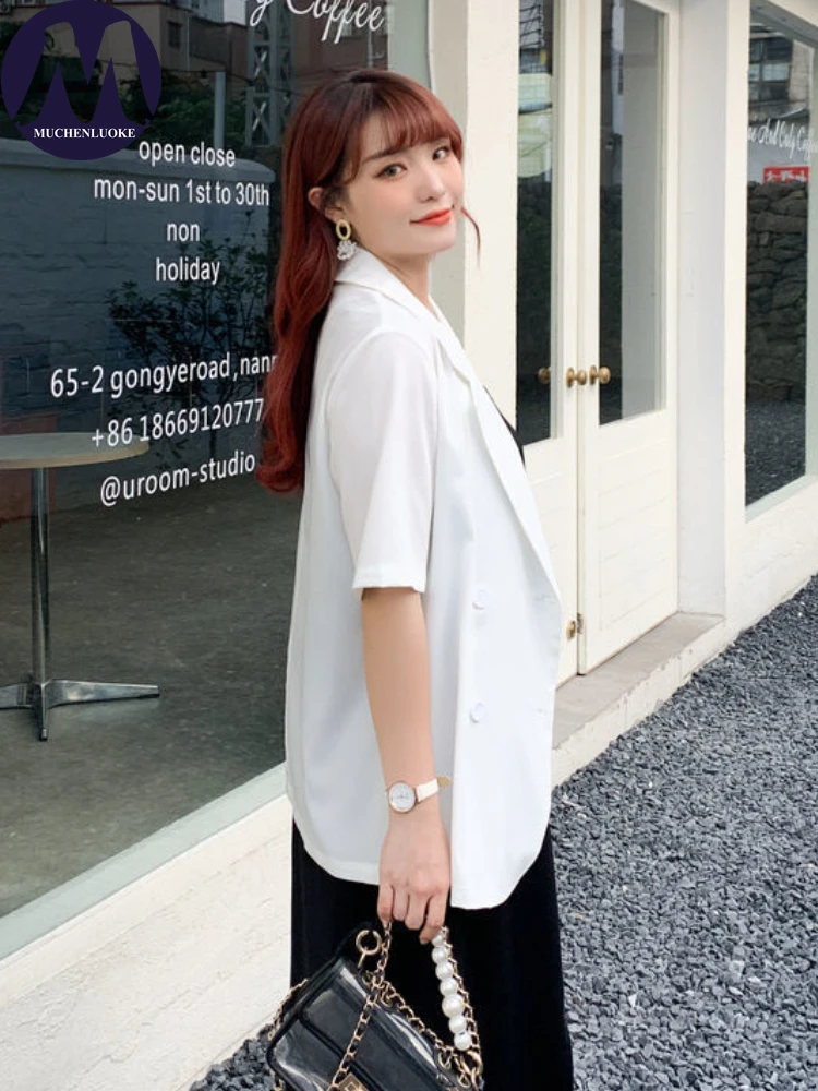 Women's Oversize Short Sleeve Thin Blazer Coats, Casual Loose Blazers, Office Tops, Korean Fashion, Summer, New, 2024