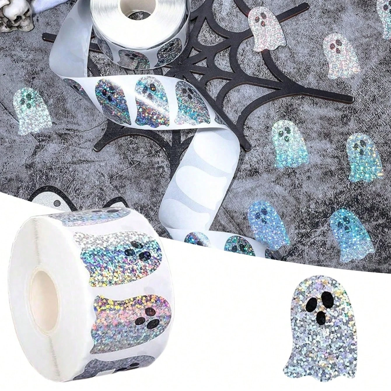 500Pcs Holographic Ghost Sticker Roll Laser Waterproof Stickers Laptop Phone Scrapbook Halloween Back To School Decor