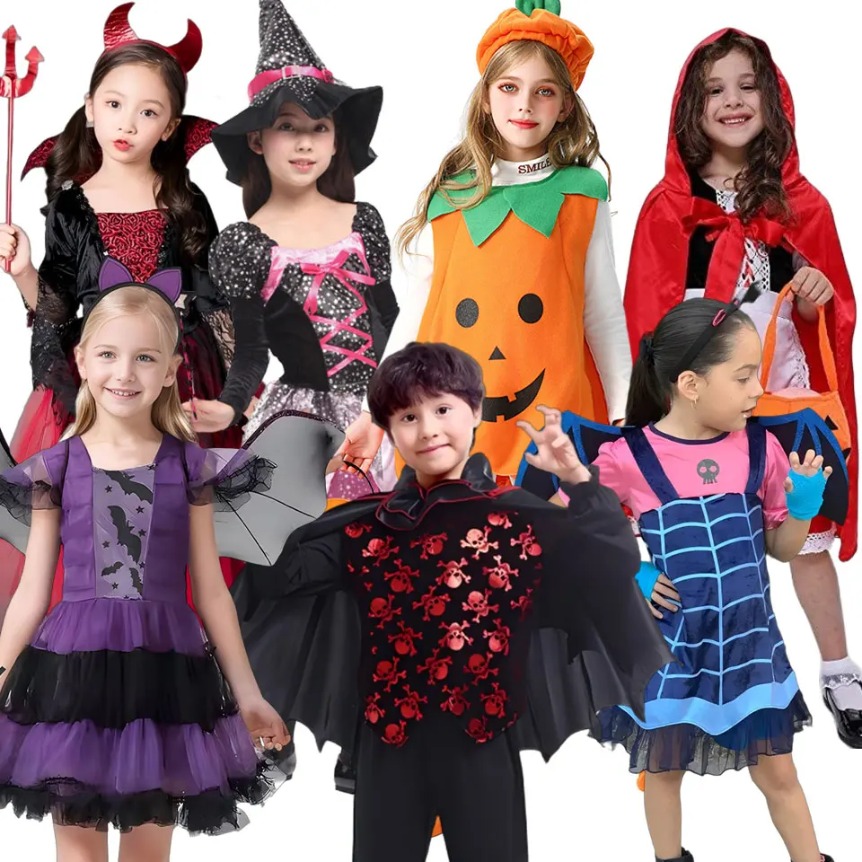 Cute Kids 60s Girls Boys Vintage Vampire Dress Halloween Villain Costume Play Wizard Apparel Kid All Saint's Day Pumpkin Outfit