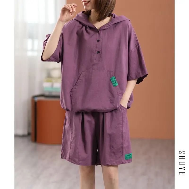 Cotton and hemp shorts set women summer new Korean version of casual large size loose short sleeve T-shirt to wear two-piece set