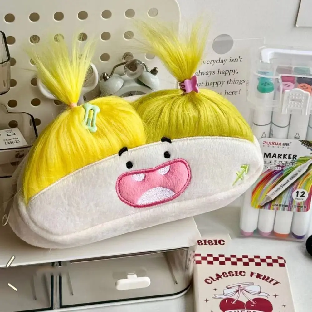 DIY Fluffy Hair Afro-Hair Doll Pen Bag Zipper Kawaii Pencil Case Holder Large Capacity Funny Soft Plush Pen Bag Schools Supplies