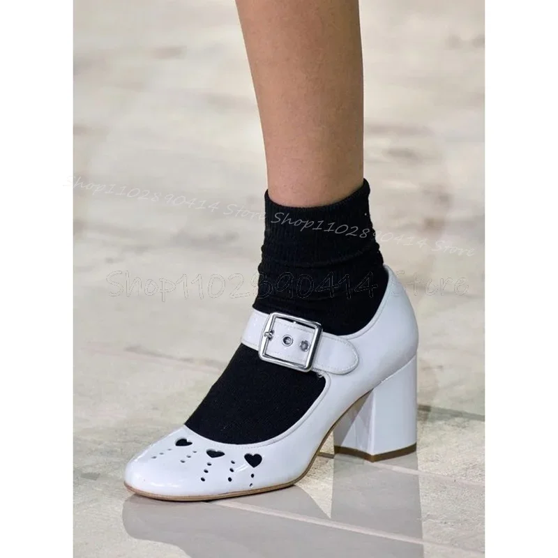 

White Heart Pattern Breathable Round Toe Pumps Buckle Strap Women Shoes Chunky High Heels Fashion Party 2025 Zapatos Para Mujere