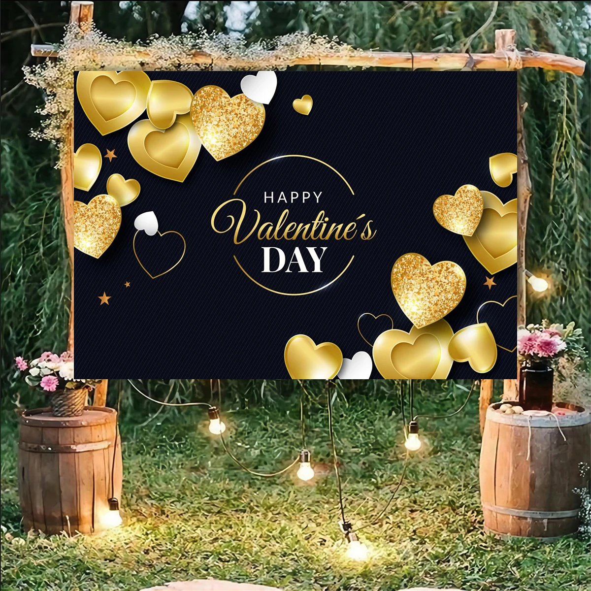 Golden Heart Balloons Backdrop Valentine's Day Black Background Wedding Engagement Anniversary Decoration Banner Photography