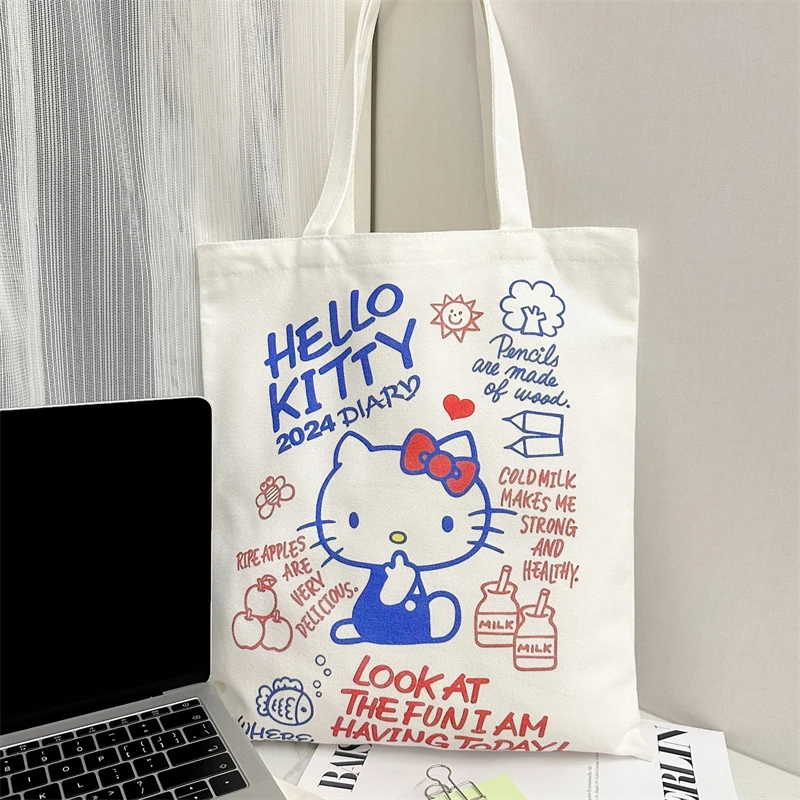 Sanrio Hello Kitty Kawaii Canvas Bag Cute Women Anime Large Capacity Student Handbag Cartoon Shoulder Shopping Bags Girls Female