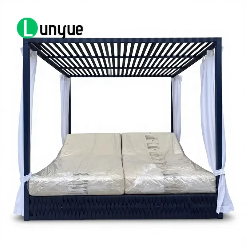 Breathable Sunscreen Rubber Webbing Four Poster Lounger for Villa Poolside Resort Terrace Outdoor Shade Furniture