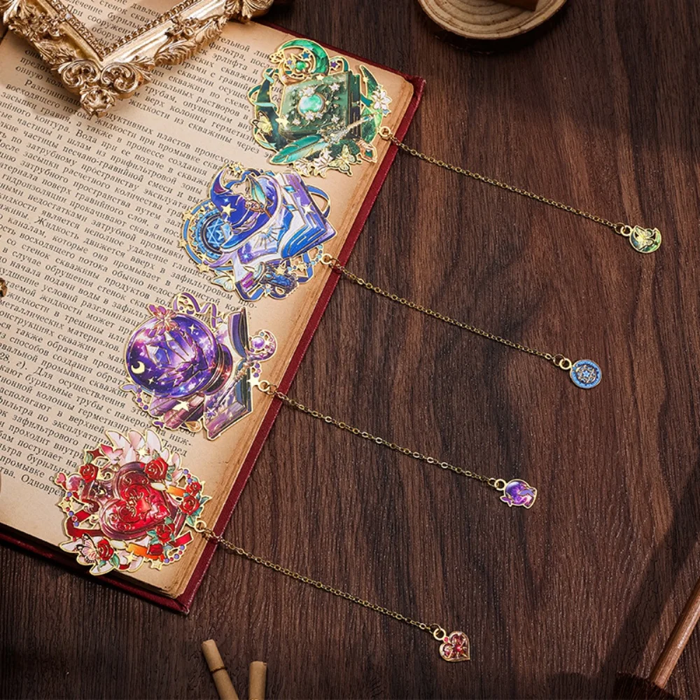 Magic Book Metal Bookmark with Chain Love-heart Colorful Crystal Ball Bookmarks Reading Book Clip Office School Stationery