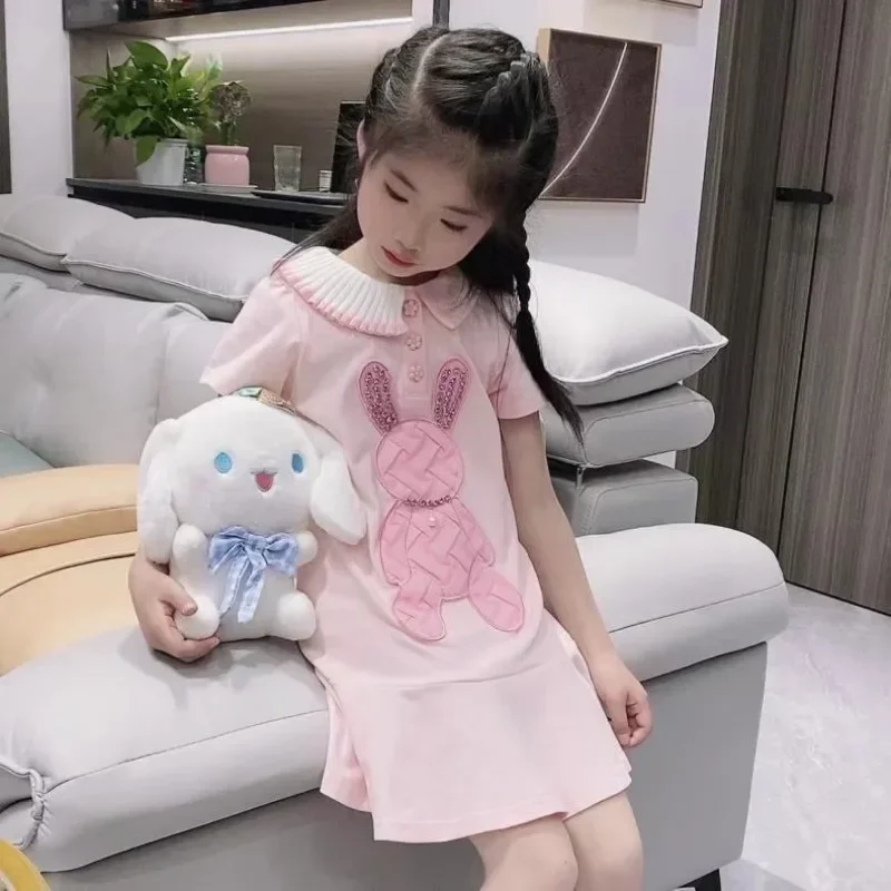 

Kids Girls Dress Summer Children's Polo Short sleeved Dress Design Sense Cartoon Rabbit Baby Pink Dress