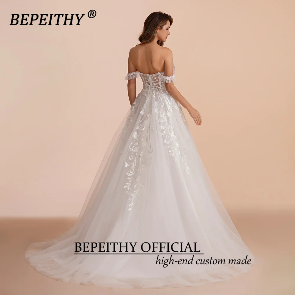 BEPEITHY A Line Sweetheart Bride Wedding Party Dresses 2023 Sleeveless Sweep Train Drop Shoulder Lace Ivory White Bridal Gown