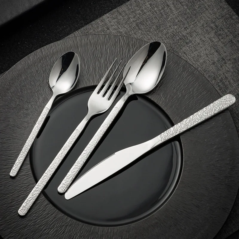 

4/6pc Hammered Cutlery Set 410 Stainless Steel Tableware Dinnerware Nordic Fork Spoon Knives Mirror Polished Kitchen Accessories