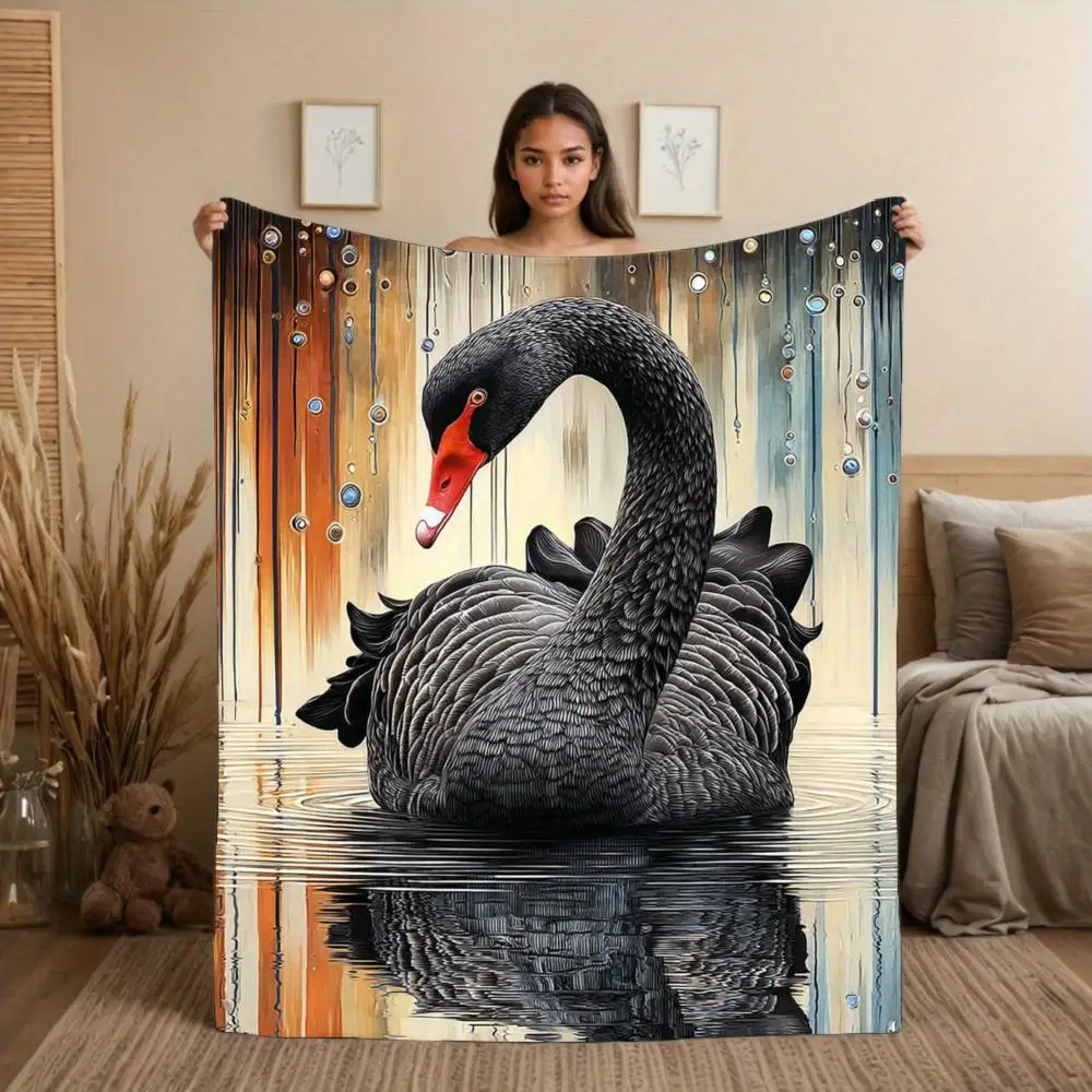 Luxurious black swan water pattern Flannel printed blanket suitable for all seasons suitable for living room office sofa travel