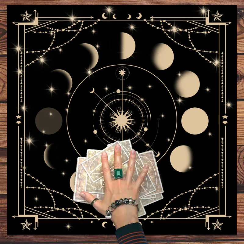 VIKAMA Golden Moon Phase Tarot Tablecloth Star Moon Sacred Geometry Witchcraft Divination Ritual Mat
