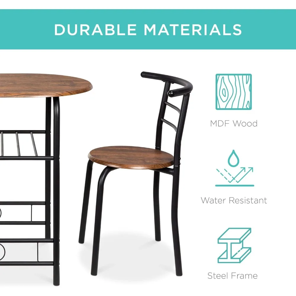 3-delige houten ronde tafel en stoelenset voor keuken, eetkamer, compacte ruimte met stalen frame, ingebouwde wijn