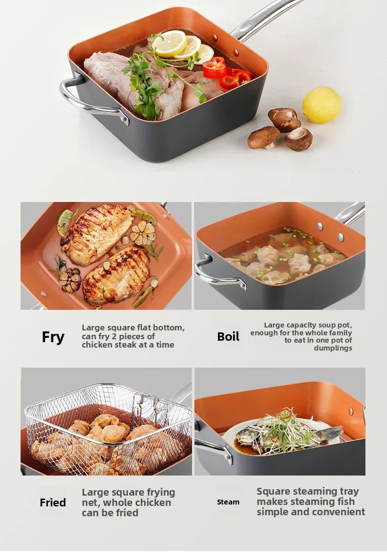 Copper ceramic coated frying pan four-piece set, stretch g pan set, fried egg  flat bottom frying basket