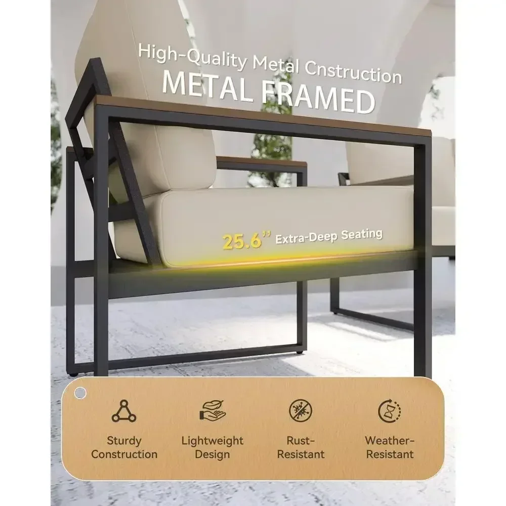 4-Piece Outdoor Patio Furniture Set with Cushions, Metal Construction, Suitable for Balcony, Deck, Beige