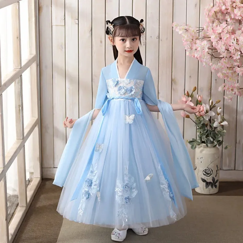 

New Traditional Chinese Silk Hanfu Children's Dress Spring And Autumn Girls Dresses Antique Dress Dance for Kids Party Clothes