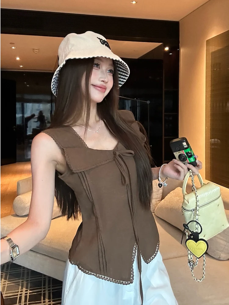 Women 2025 Summer New Style Waist-Hugging Slimming Versatile Top Sexy Bow Lace-Up V-Neck Splicing Commute Sleeveless Vest