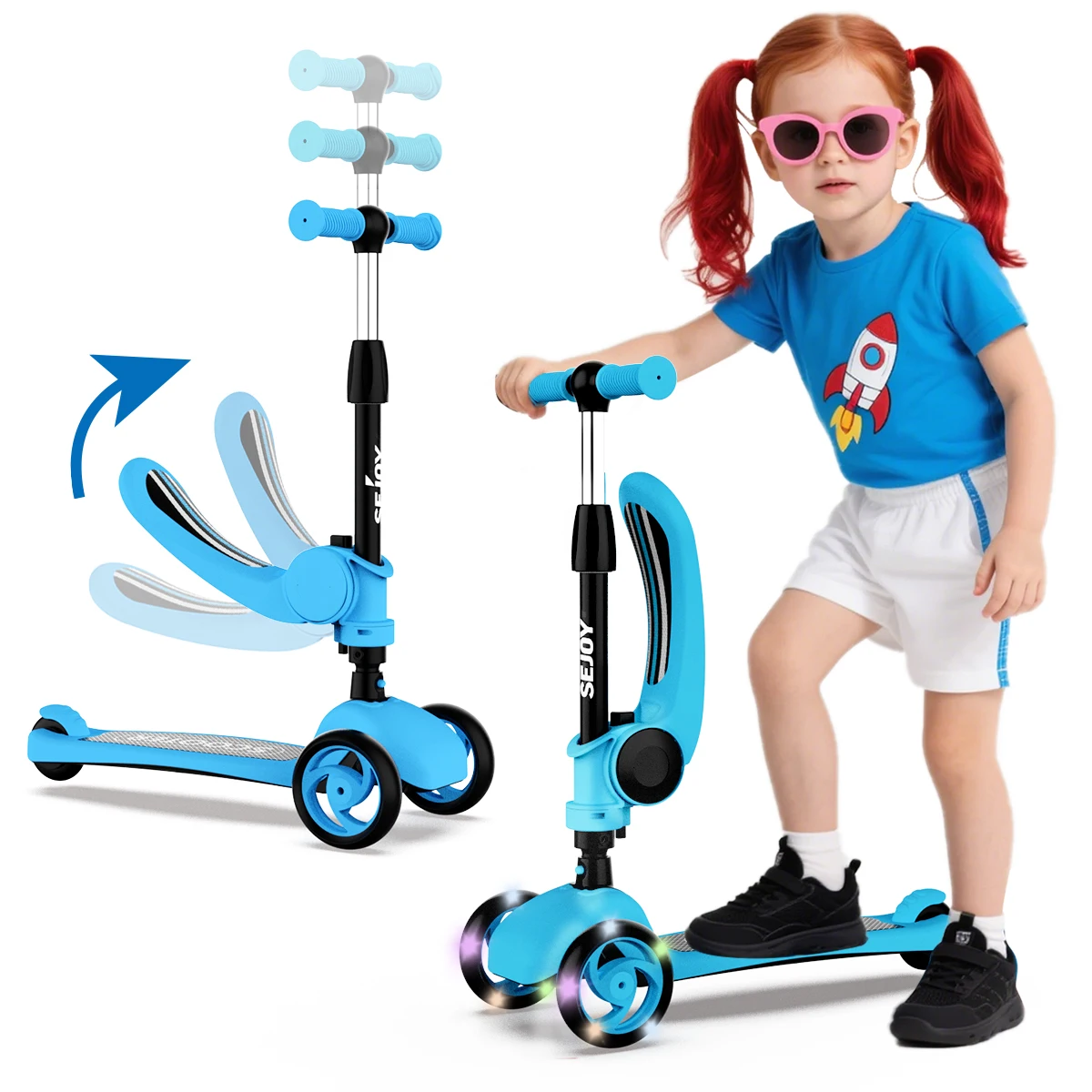Kick Scooter for Kids with 3-Wheeled LED Lights,Adjustable Lean-to-Steer Handlebar,Foldable Seat,Sit or Stand Ride,for 3-8 Years