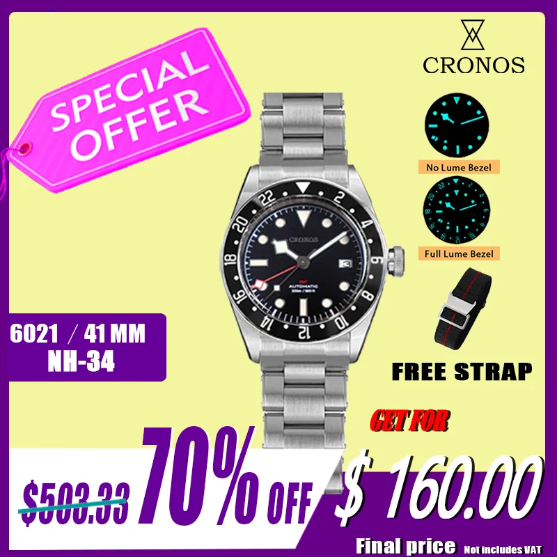 

Cronos BBGMT Automatic Driver Man Watch Bidirectional Ceramic bezel NH34 Movement Female End Links Sapphire 20 BarWaterproof