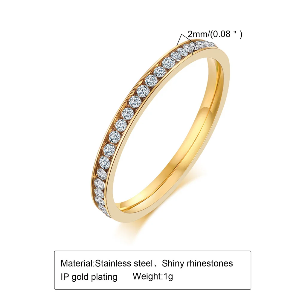 2mm Iced Out Bling CZ Ring Female Gold Silver Color Stainless Steel Cubic Zircon Wedding Engagement Rings for Women Jewelry Gift