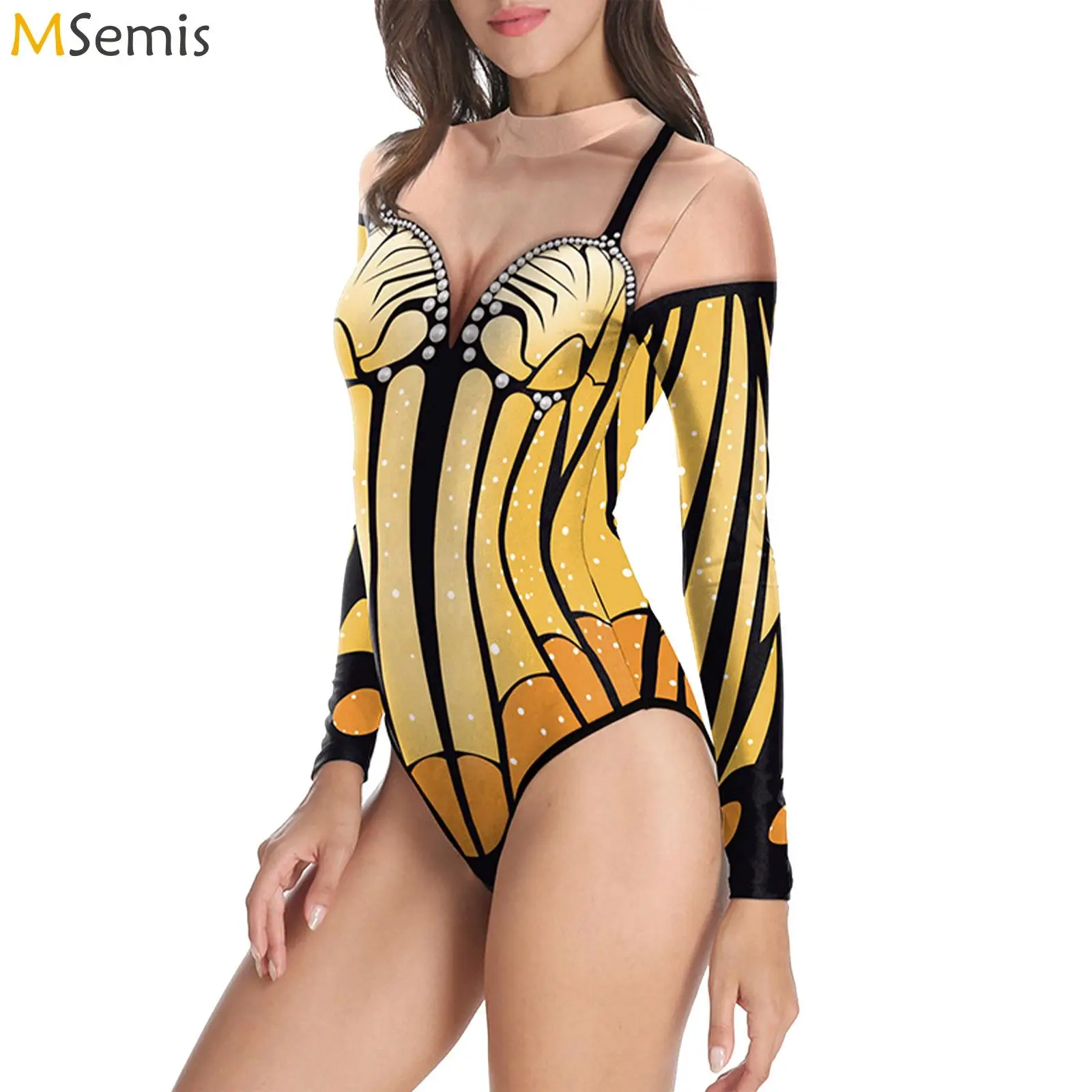 

Women's swimwear 3D Print Mock Neck Long Sleeve Zipper Back Jumpsuit One-Piece Swimsuit Halloween Cosplay Leotard Bodysuit