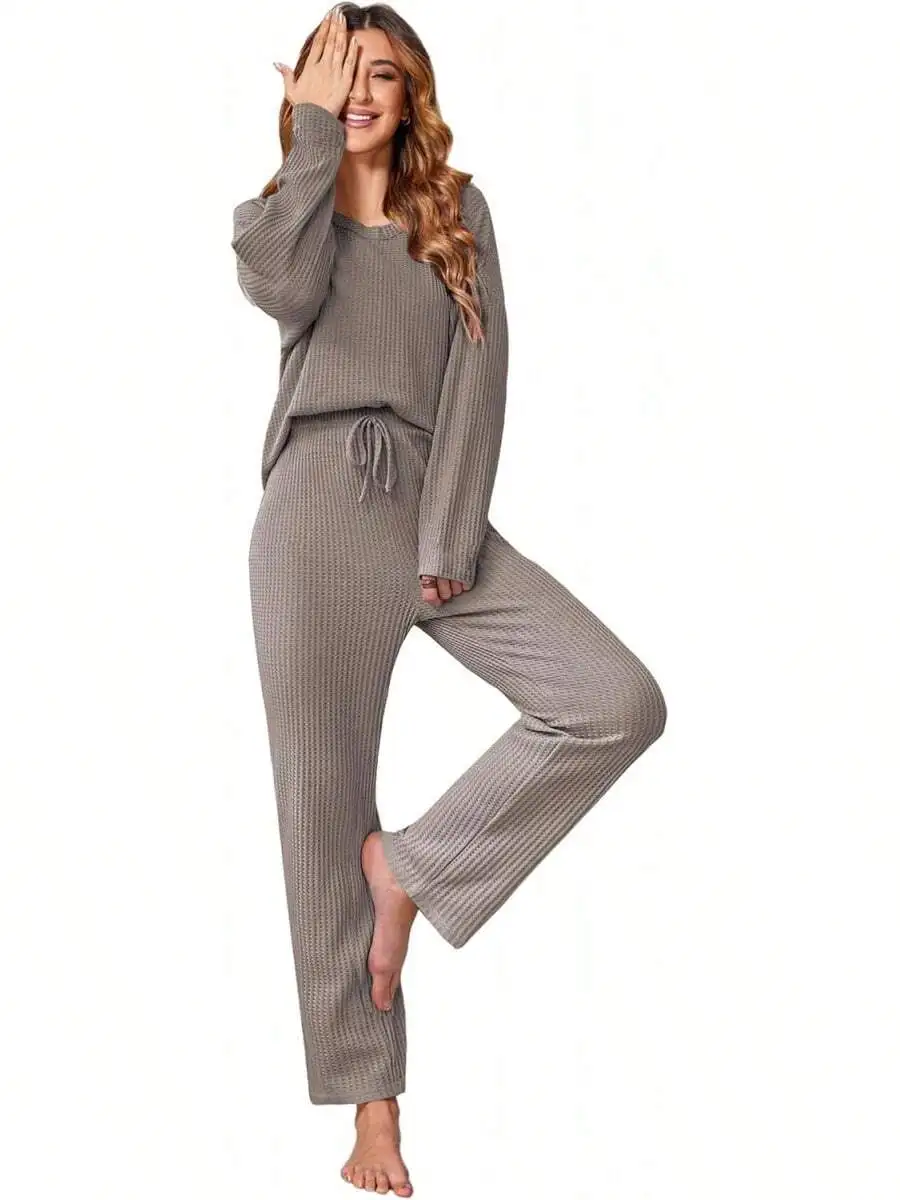 

Womens Waffle Knit Pajama Set Long Sleeve Lounge Set With Pockets