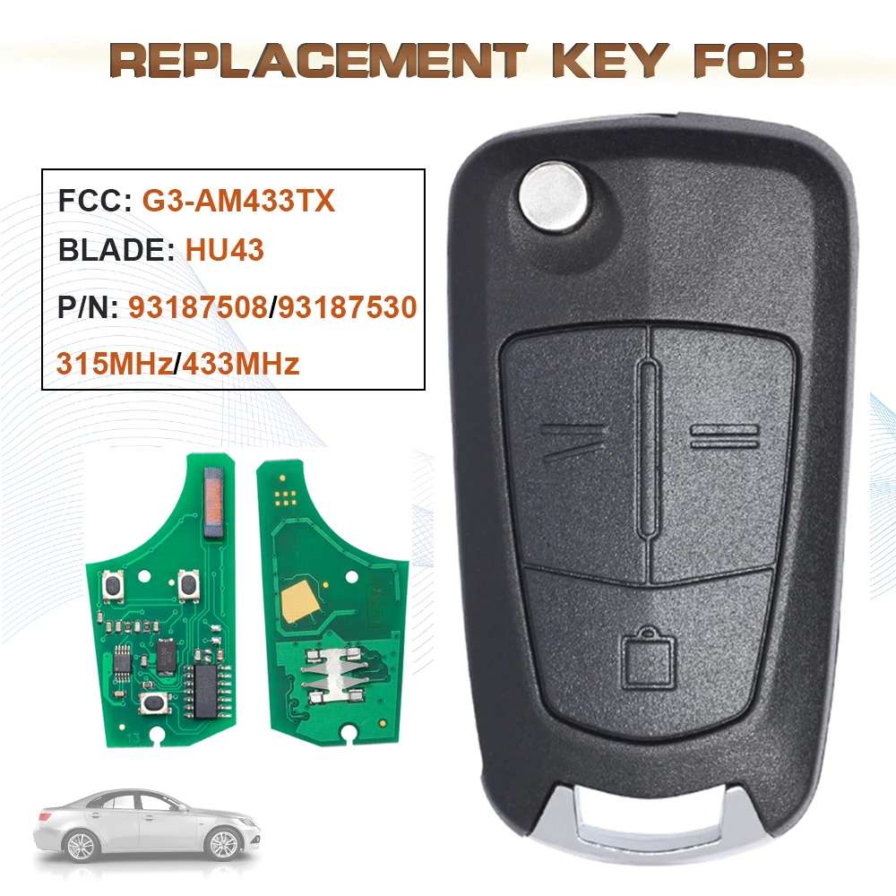 KEYECU 315/433MHz FCC:G3-AM433TX Smart Remote Key Fob PCF7946A/ID46 Chip P/N:93187508/931875 for 2002-2008 Opel Vectra C Signum