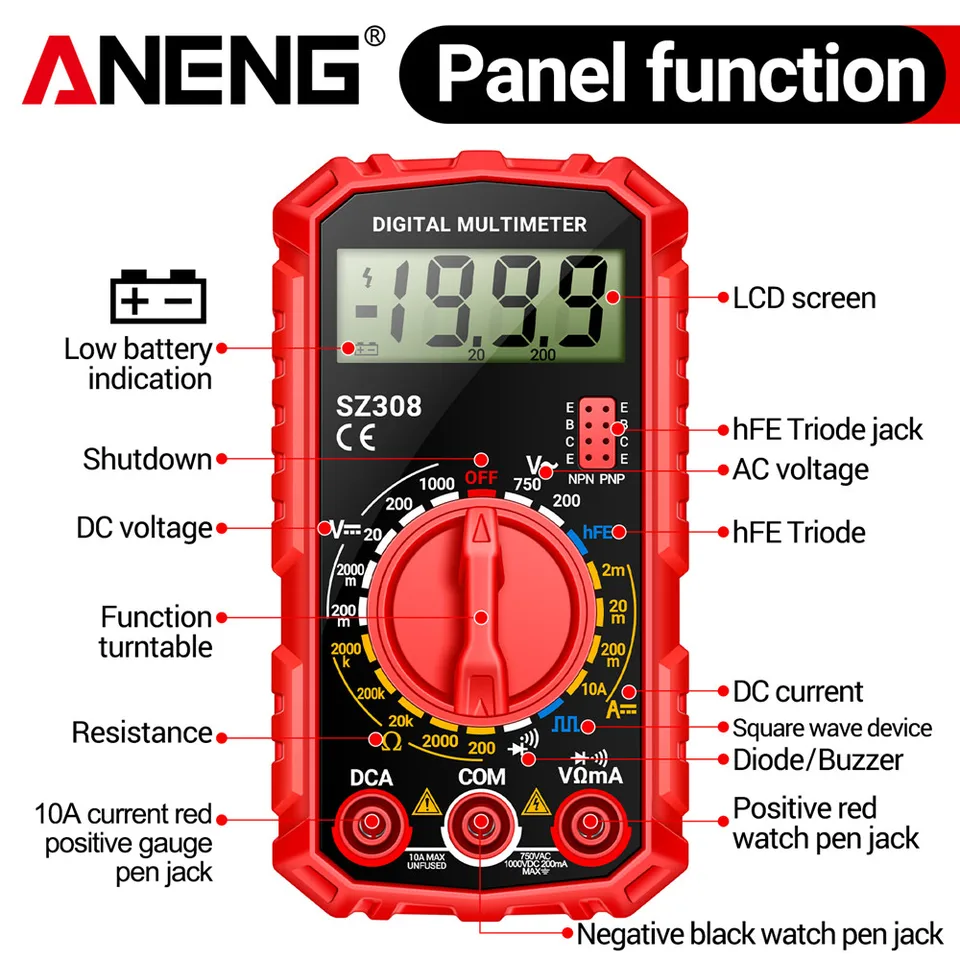 Multímetro digital ANENG SZ308, medidor de corriente AC/DC, voltaje, resistencia, pantalla LCD, prueba de onda cuadrada 5
