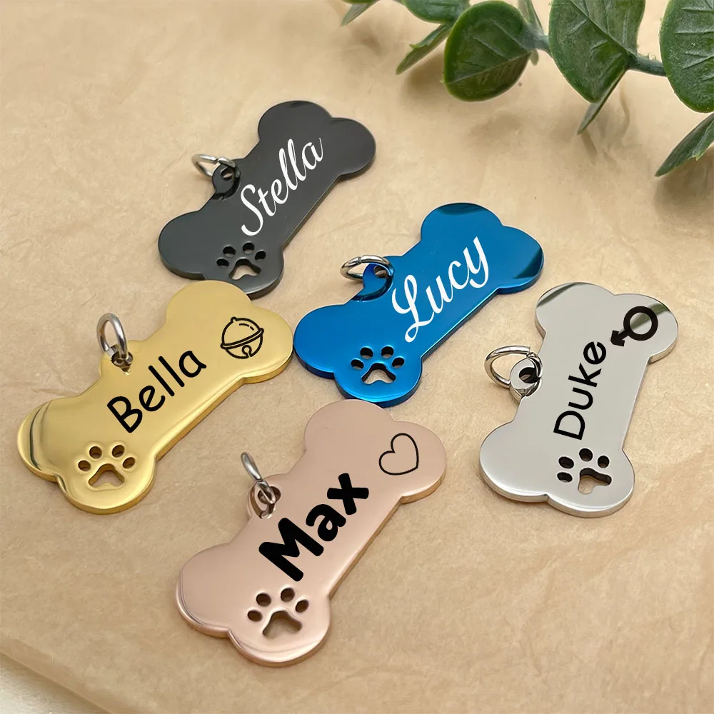 Stainless Steel Bone Dog Tag Personalized Dog Collar Tag Engraved Dogs Name Tag Custom Pet ID Pendant Puppy Collars Customized