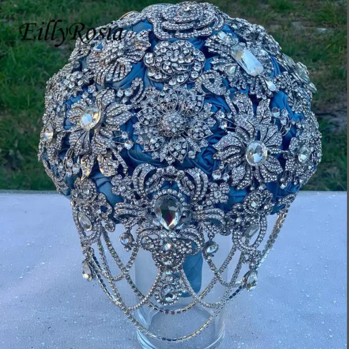 EillyRosia Dark Lake Blue Luxurious Jewelry Brooch Bouquet with Sequined Tassel Bling Sparkly Crystals Bridal Bouquet Satin Rose