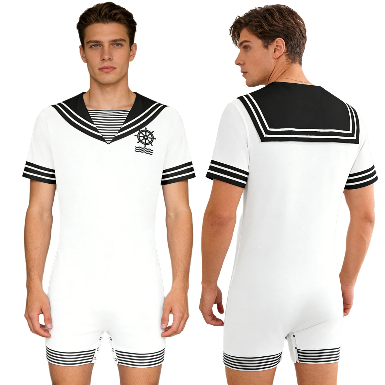 

Мужской комбинезон-пижама в морском стиле с коротким рукавом и воротником-стойкой, эластичный, удобный, для отдыха, сна и домашней носки