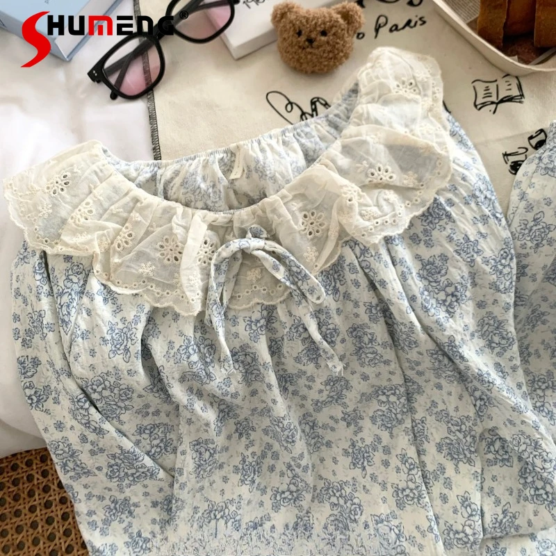 النمط الياباني الفتيات الملابس الداخلية الزرقاء الأزهار جولة الرقبة الدانتيل الخريف بيجامة مجموعة الشارع ارتداء طويلة الأكمام Homewear للنساء
