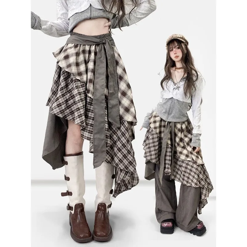 

Women'S Midi Skirt Vintage Brown Plaid Y2k Bohemian Skirt Wasteland Style Ruffles Irregular Patchwork Women'S Tiered Skirt
