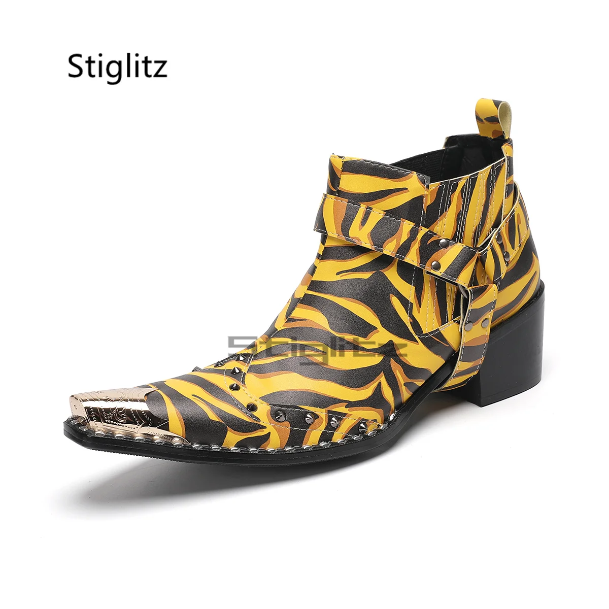 Zebra Stripes Prints Chelsea Boots for Men Metal Buckle High Heels Ankle Boots Punk Rivet Yellow Genuine Leather Party Shoes