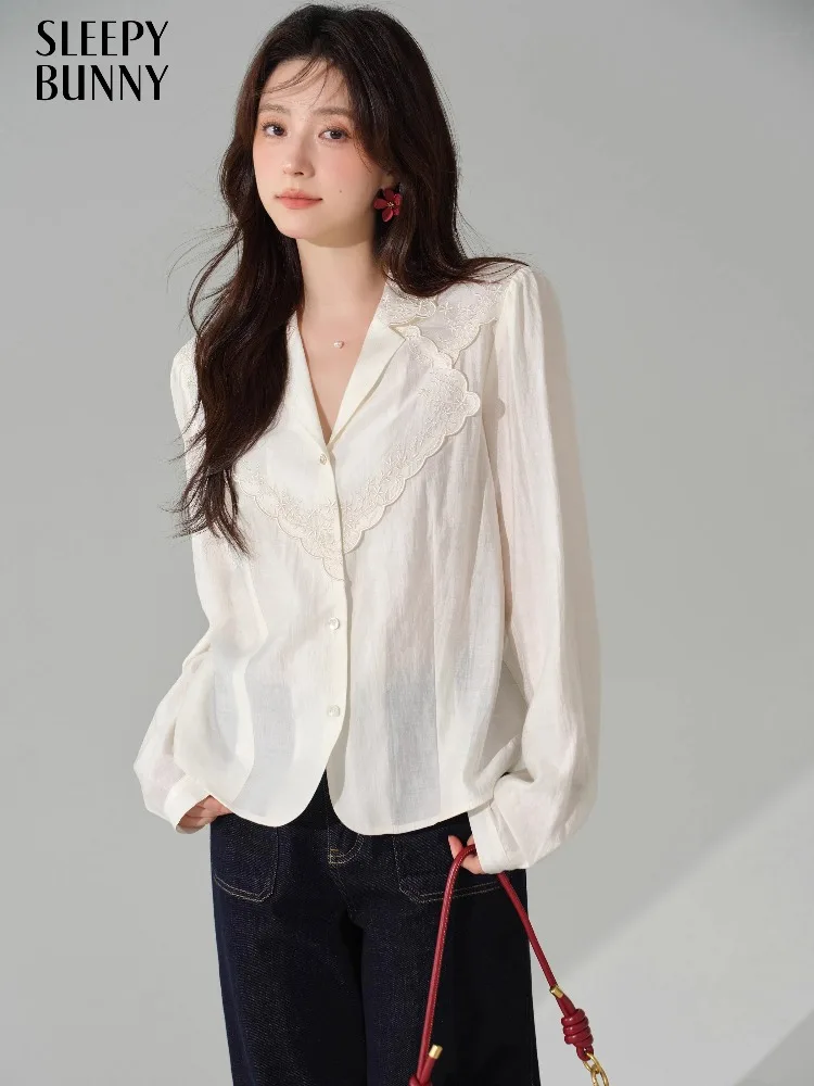 

Блузка с французской вышивкой для женщин, осенняя рубашка с воротником с лацканами, элегантный свободный топ с длинными рукавами, текстурированный дизайн, шикарный модный наряд