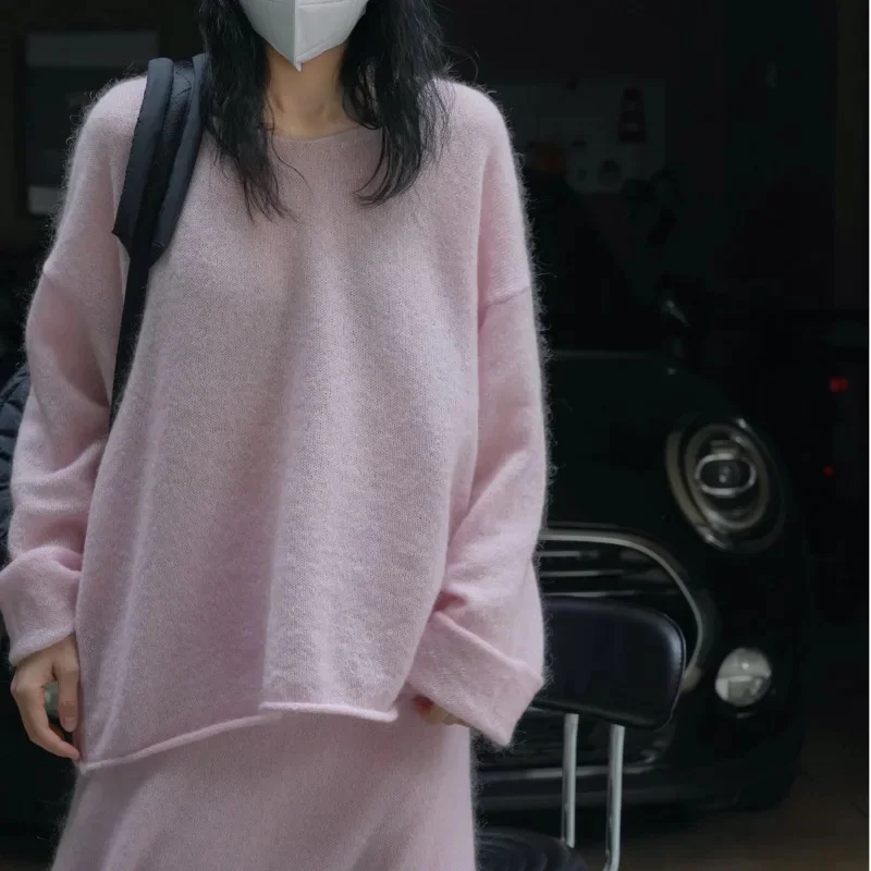 Women Sweater Two Pieces Suits Loose Mohair Wool Blending Knitted Pullovers With Long Skirt 2024 Autumn New Pink Ladies Outfits