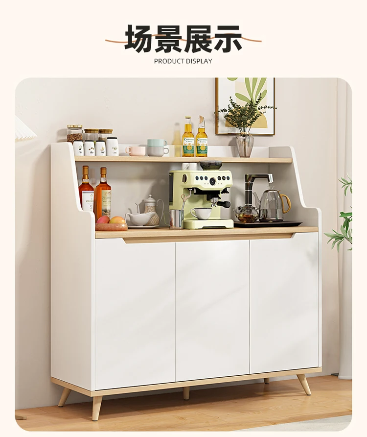 Penyimpanan kabinet, lemari samping ruang makan terintegrasi di dinding, penyimpanan multifungsi dari kayu solid, lemari rendah di lantai.