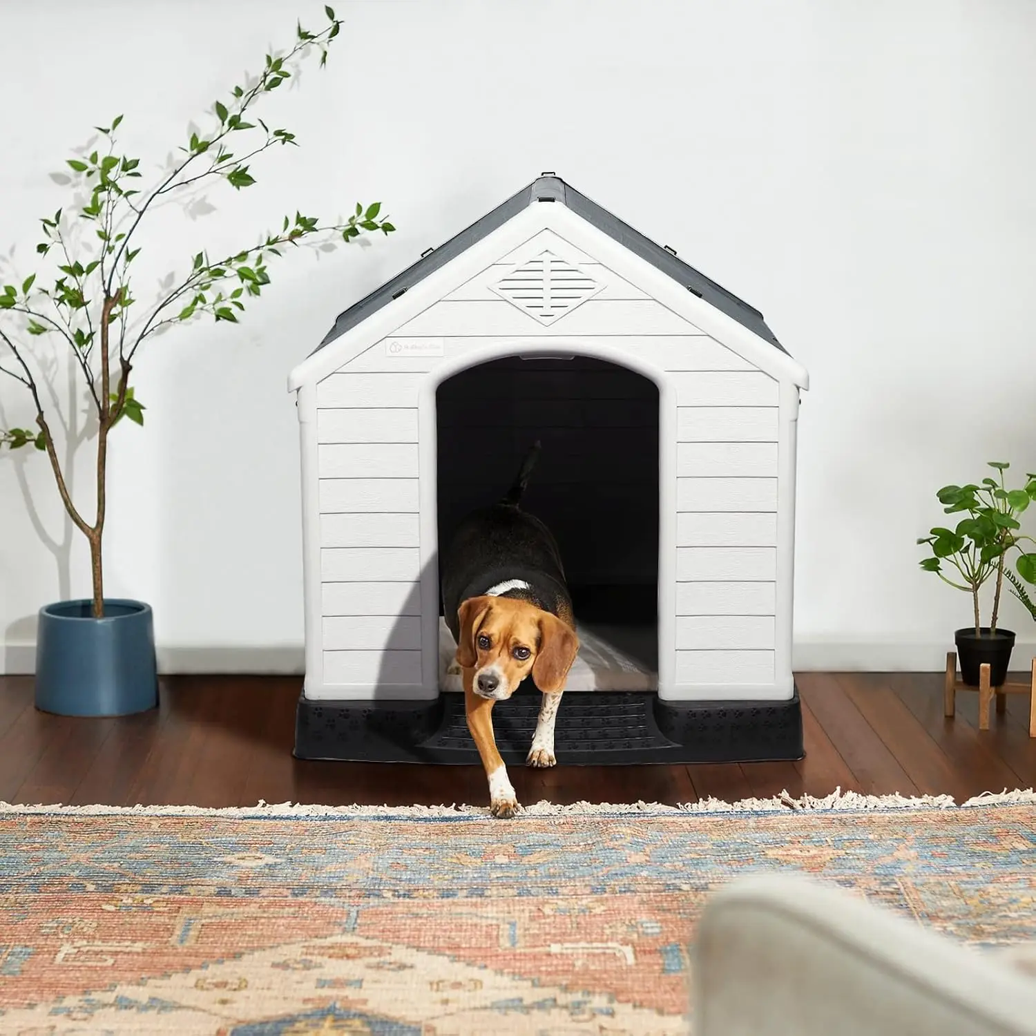 

Durable Waterproof Plastic Dog House for Small to Large Sized Dogs, Indoor Outdoor Doghouse Puppy Shelter with Elevated Floor