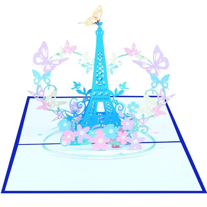 1 pop-up color printed Eiffel Tower and butterfly 3D greeting card personalized gift birthday gift blessing information card