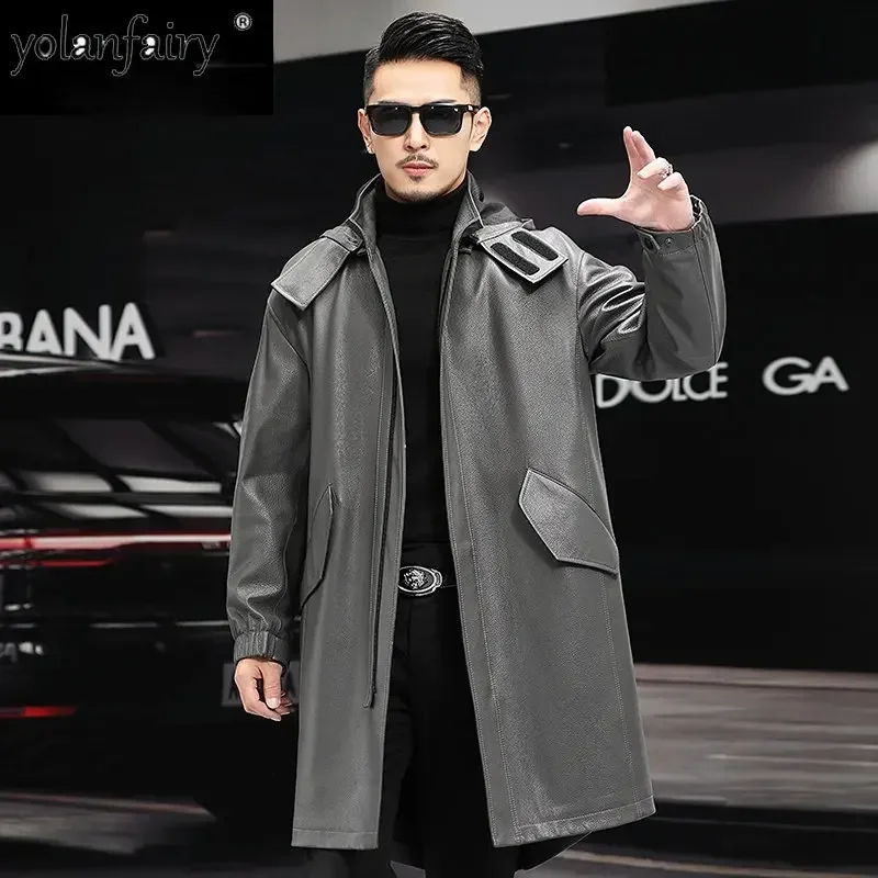 

Autumn Winter Natural Leather Jacket Men Genuine Leather Long Windbreaker Hooded Business Calf Top Layer Cowhide Leather Coat FC