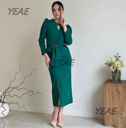 Santorini Green Side Slit Evening Dresses Ruched Beaded Sash Cocktail Party Women Wear Prom Gowns Long Sleeves Robe Des Marrige