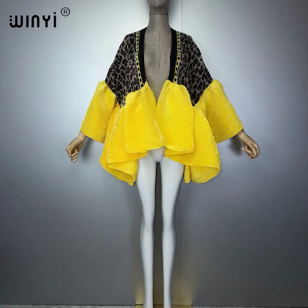 WINYI Africa Women's Kimono leopard print Cardigan Bubble Hem Boho Dress Beachwear Cover up coat Luxury short jacket