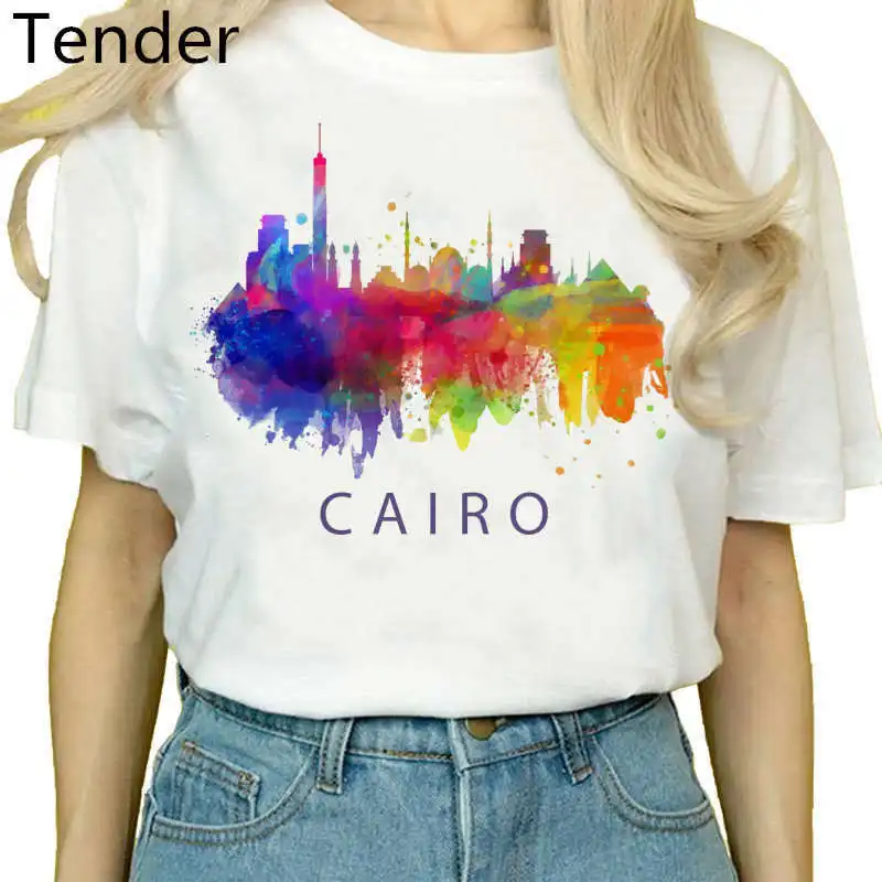 Camiseta de acuarela de la ciudad de Londres para mujer, camisa blanca de manga corta, informal, fresca, Roma, París, Nueva