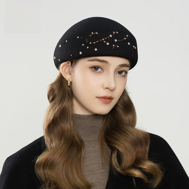 warm-wool-beret-hat-women's-autumn-winter-handmade-embroidered-bead-tweed-cap-sli-vintage-ele-luxury-faion-accory