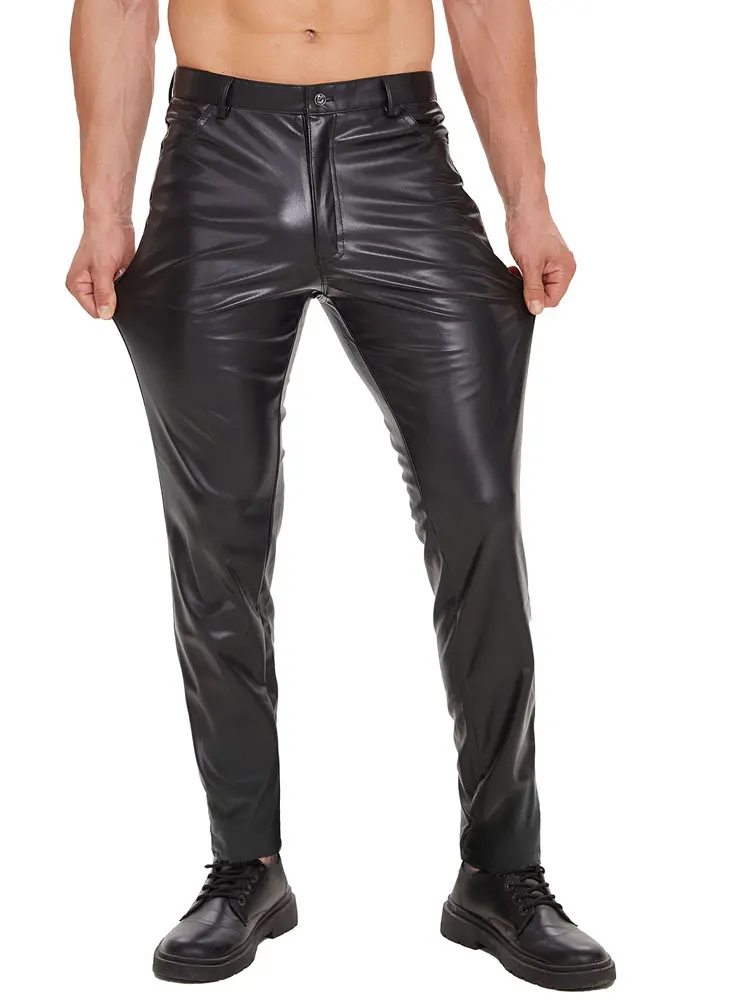 

Men's Zipper Open Trousers Elastic Slimming Matt Shiny PU Faux Leather Man Pencil Pants Nightclub Shaping Stage Wear Tights Pant