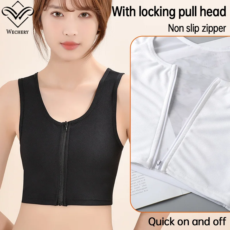 Wechery Female Body Shape Shapewear Corset Mesh Thin Front Zipper Sports Top Women's Tanks Binder For Chest