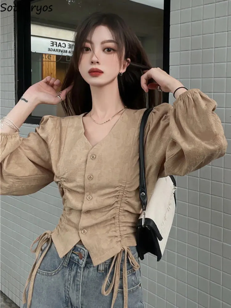 

Shirts Women V-neck Elegant Vintage Shirring Autumn Simple Aesthetic Clothing Tender Korean Style Basics Leisure Fashion Design