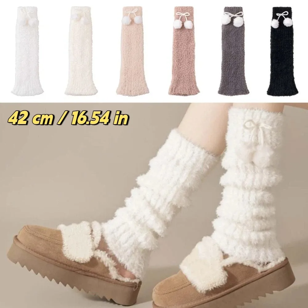 

Japanese Style Furry Leg Warmers 42cm Cherry Plush Ball Pendant Lolita Boots Cover Sweet Thickened Knee High Girls Socks